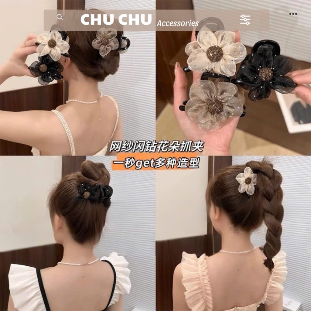 Kẹp hoa vải voan, kẹp tóc hoa kim tuyến, phụ kiện tóc CHU CHU cao cấp Mã#CC08