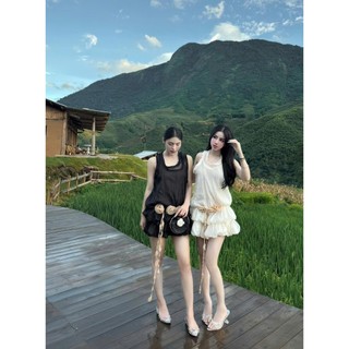 Váy đi dự tiệc, đầm dự tiệc voan tơ cổ tròn bèo không tay chân bí 2 tầng bồng bềnh eo đính hoa 3D thiết kế tiểu thư