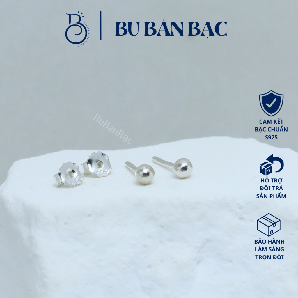 Khuyên tai bạc nam nữ BU BÁN BẠC bông tai nụ chấm bi tròn trơn đơn giản bạc 925