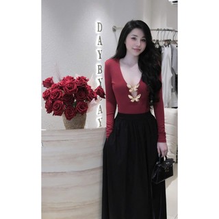 Áo thun body suit dài tay cổ V đính tang siêu đẹp phối đồ cực sang by Charmie