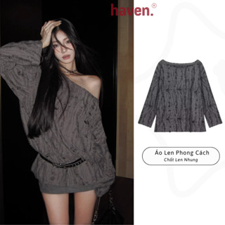 Áo Sweater trễ vai rách Haven Studio chất len nam nữ form rộng bigsize