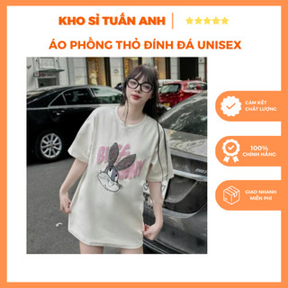 Áo Phông Cotton khô 3158, From rộng,Thêu Thỏ Đính Đá, Cổ Tròn Unisex, Freesize Hottrend dành cho Nam Nữ