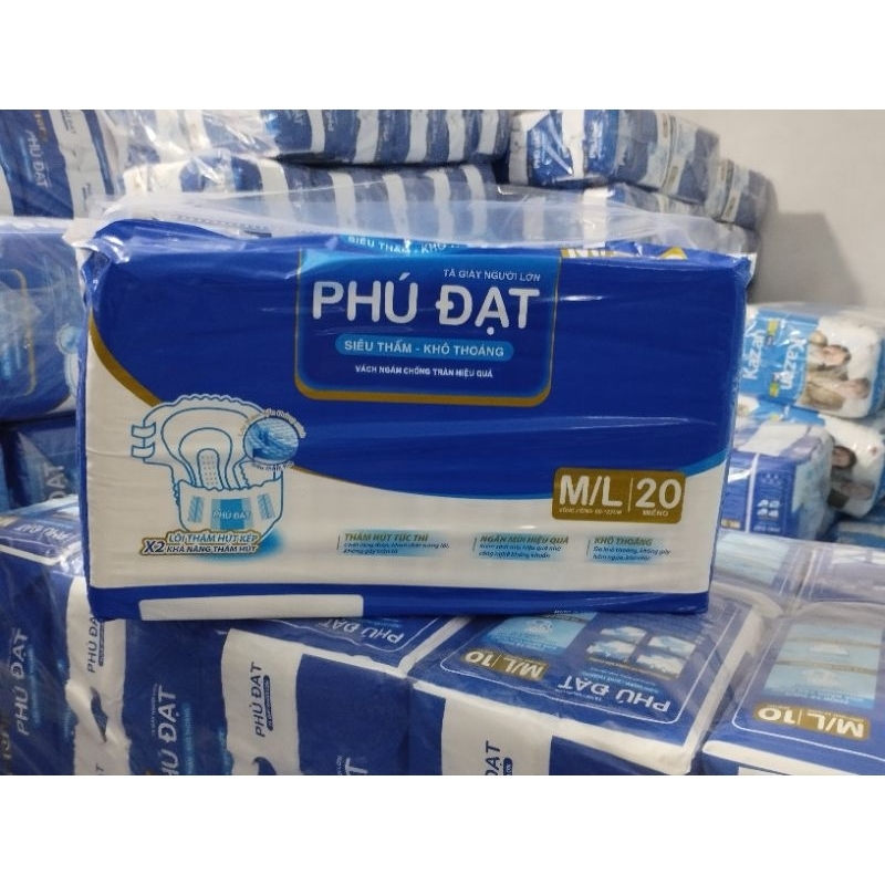 Bỉm dán 20 miếng cho người lớn Phú Đạt mẫu mới 2 vách chống tràn 2 bên size M/Là, XL từ 40_100kg