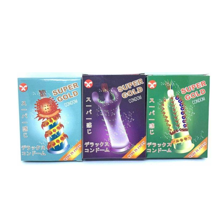Bao Cao Su Gân Gai Bi Super Gold Siêu Gai Râu- Hàng Nhật, Nhiều Gel Bôi Trơn, Size 52mm (Hộp 2C)