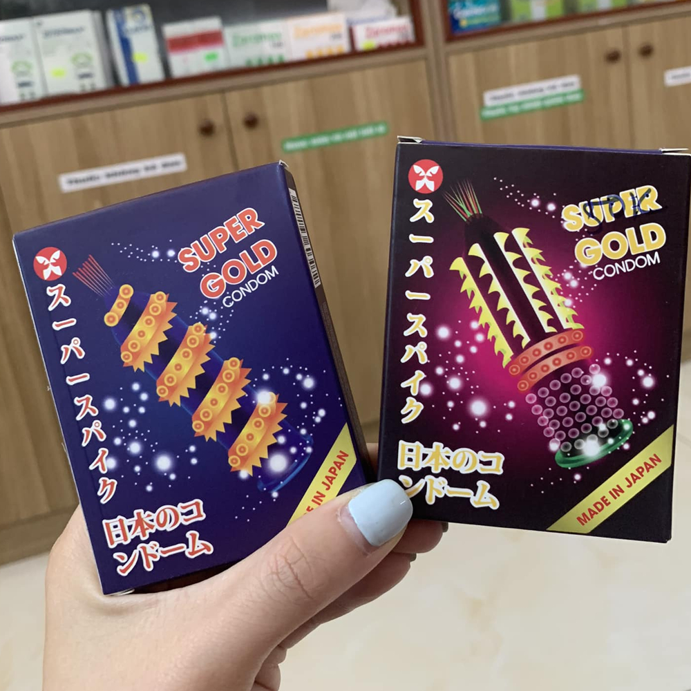 Bao Cao Su Gân Gai Bi Super Gold Siêu Gai Râu- Hàng Nhật, Nhiều Gel Bôi Trơn, Size 52mm (Hộp 2C)
