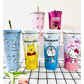 Ly Giữ Nhiệt - Bình Giữ Nhiệt Hình Doraemon, Stitch Cute Tặng Kèm Ống Hút và Cọ Rửa Ống Hút