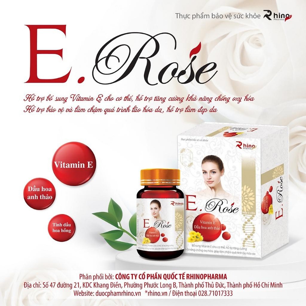 Viên uống trắng da mờ nám VITAMIN E Rose + Vitamin E 400 iu tinh dầu hoa anh thảo Vitamin E đỏ-Hộp 30 viên