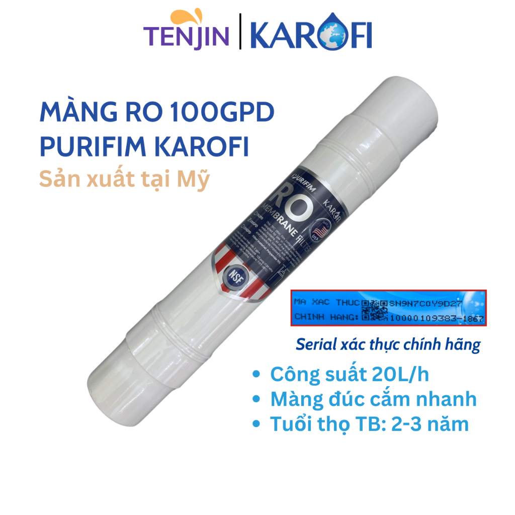 Màng Lọc RO Purifim Karofi Sản Xuất Tại Mỹ Công Suất 100GPD Cắm Nhanh Dùng - Lõi Lọc Nước Số 4, Màng RO