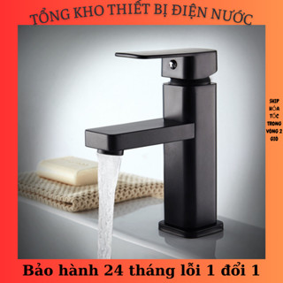 Vòi chậu rửa mặt lavabo vuông nóng lạnh SNL03 màu đen một lỗ kèm đôi dây cấp inox