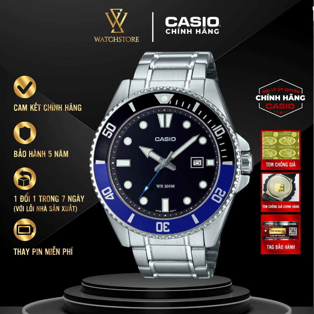 Đồng Hồ Nam Casio MDV-107D-1A2VDF Mặt Kính Khoáng Tròn Đen 44.2mm Chống Nước Vỏ Xanh Đen Dây Thép Kh