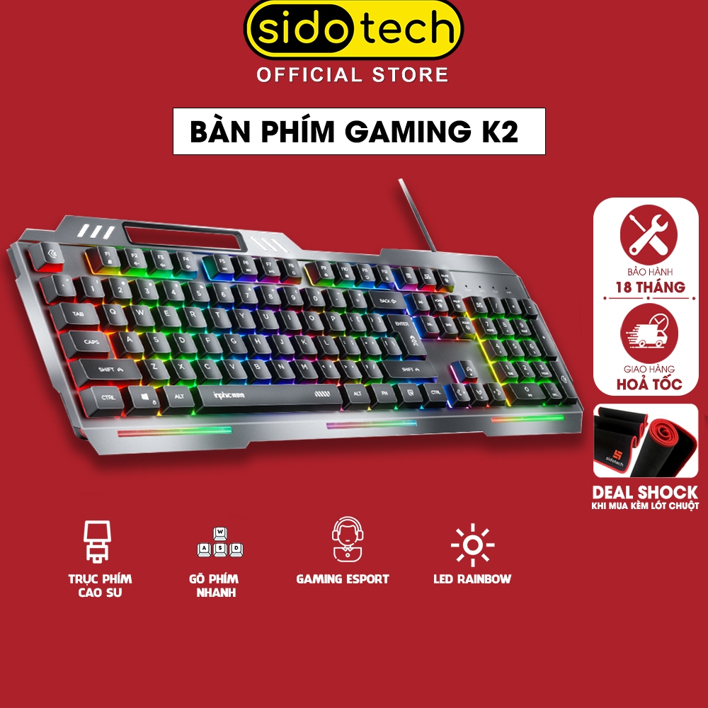 Bàn phím giả cơ gaming SIDOTECH K2 có dây full size 104 key máy tính led rainbow chống nước làm việc chơi game laptop pc