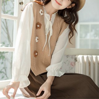 Áo gile len nữ dệt kim đính hoa nổi màu sắc nhẹ nhàng Hadu shop