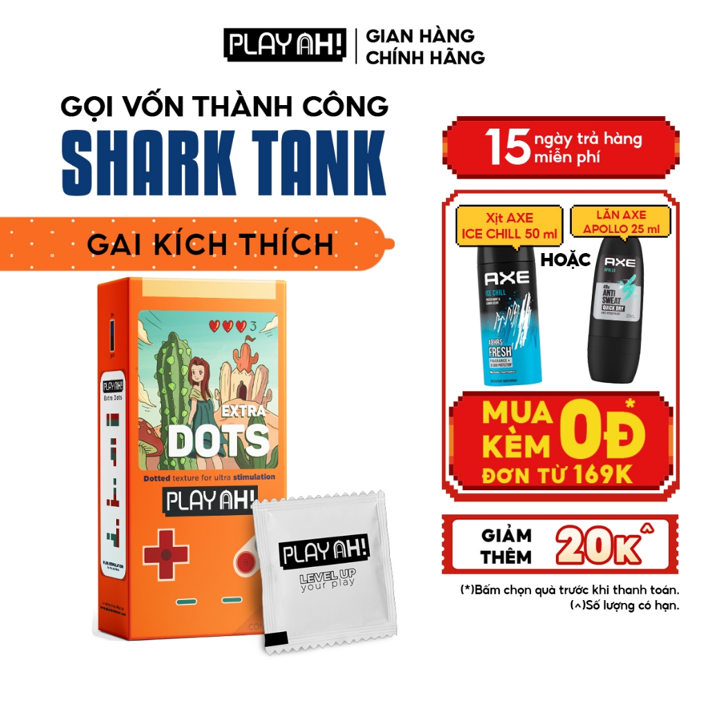 Bao Cao Su PlayAh Extra Dots Thêm Gai Hộp 10 52mm nhiều gai, nhiều gel tăng cực khoái