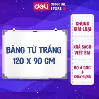 Bảng Từ Trắng Viết Bút Lông Chính Hãng DELI - Bảng Trắng Mica Viền Nhôm 120x90cm - Bảng Treo Tường Nam Châm Kèm Khay