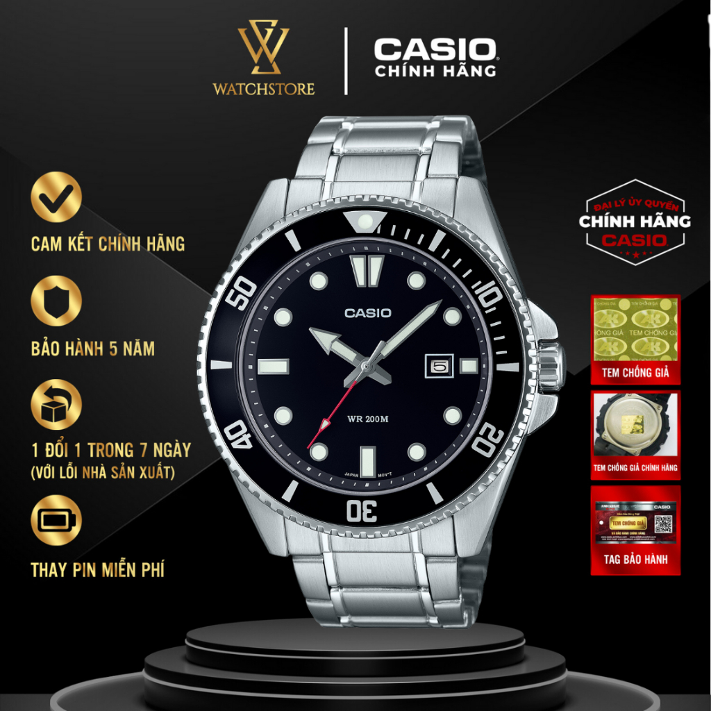 Đồng Hồ Nam Casio MDV-107D-1A1VDF Mặt Kính Khoáng Đen 44.2mm Chống Nước Dây Kim Loại Không Gỉ Chính 