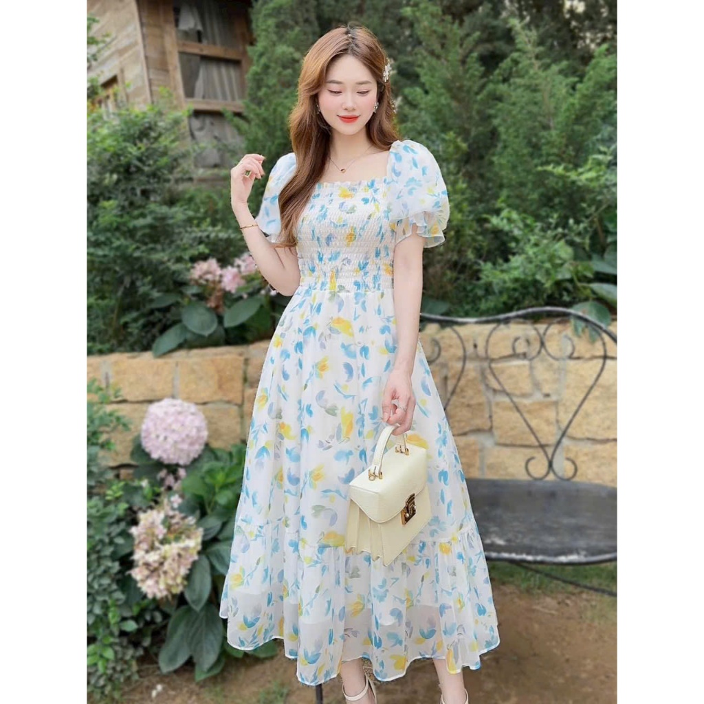 Đầm maxi nữ tay ngắn cổ vuông chất voan họa tiết in hoa váy dài dáng xòe thiết kế xinh xắn mặc đi chơi