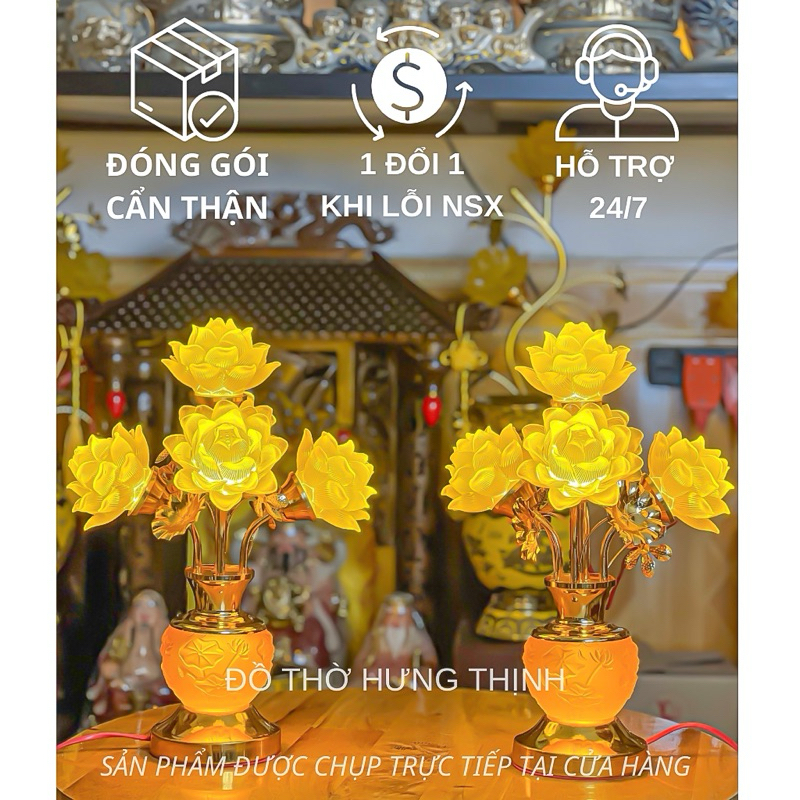 Đèn thờ hoa sen 5 bông lưu ly cao 40cm bụng hoạ tiết nổi chân vàng, Giá 1 đôi