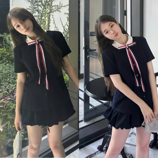 (Sẵn 3 Size): Set Áo Sơ Mi Chéo Ý Nơ Thome Tháo Rời Kèm Độn Vai Đứng Form Mix Quần Váy Quả Bí Bồng 2 Lớp [SV85] Lollaye