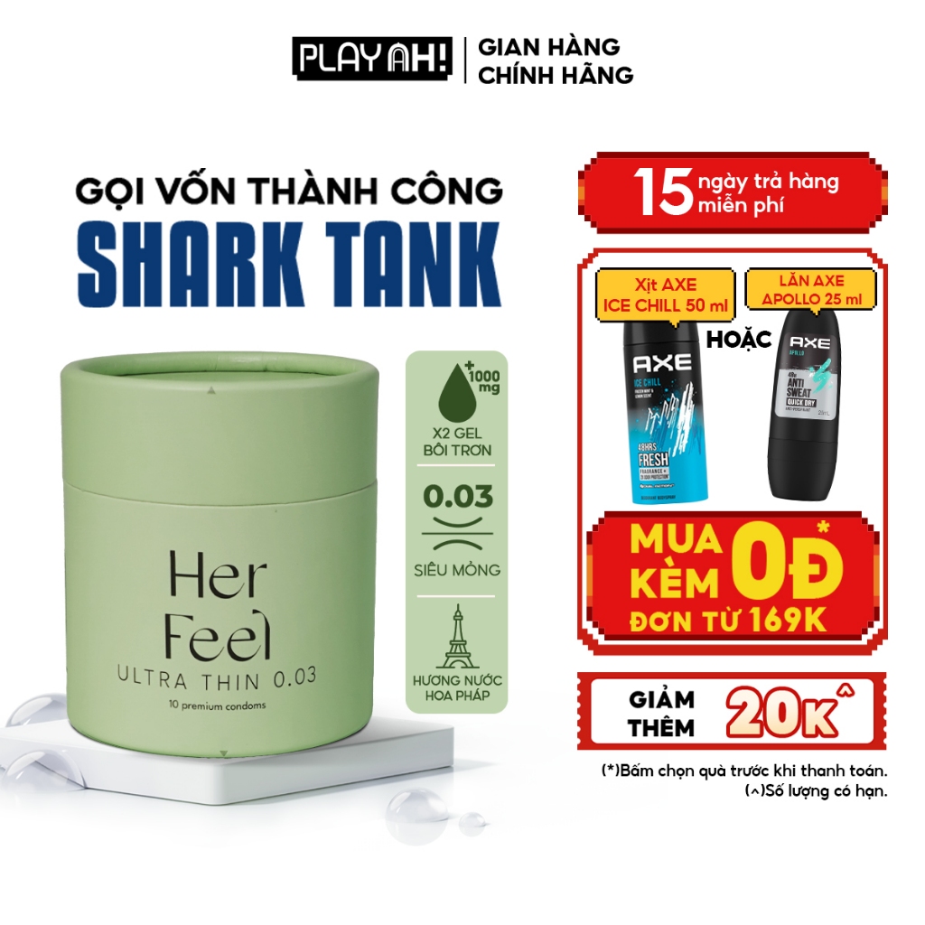Bao cao su PlayAh Her Feel Ultra Thin 0.03mm Hộp 3/10 Size 52mm Siêu Mỏng Nhiều Gel Cao Cấp
