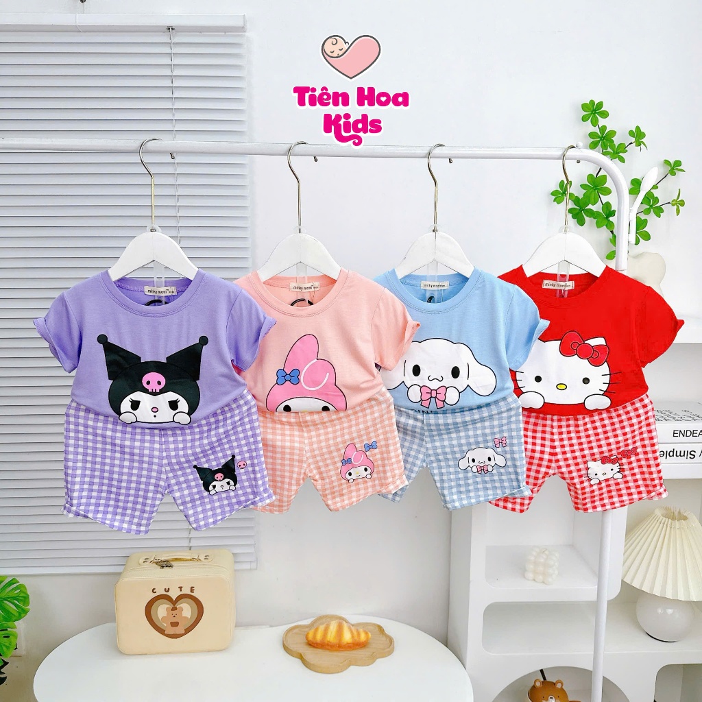 [Bé 9-32kg] Bộ Ngắn Tay In Hình Phối Quần Caro Chất Thun Lạnh Mềm Mịn Mát Cho Bé Gái Mặc Đi Học, Đi Chơi