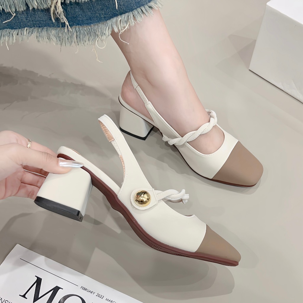 Giày Lolita nữ quai ngọc, gót vuông 5 phân, phối màu thời trang, da si êm mềm, sandal nữ đi Tết,  Mã Sandal Dây Bính 5P