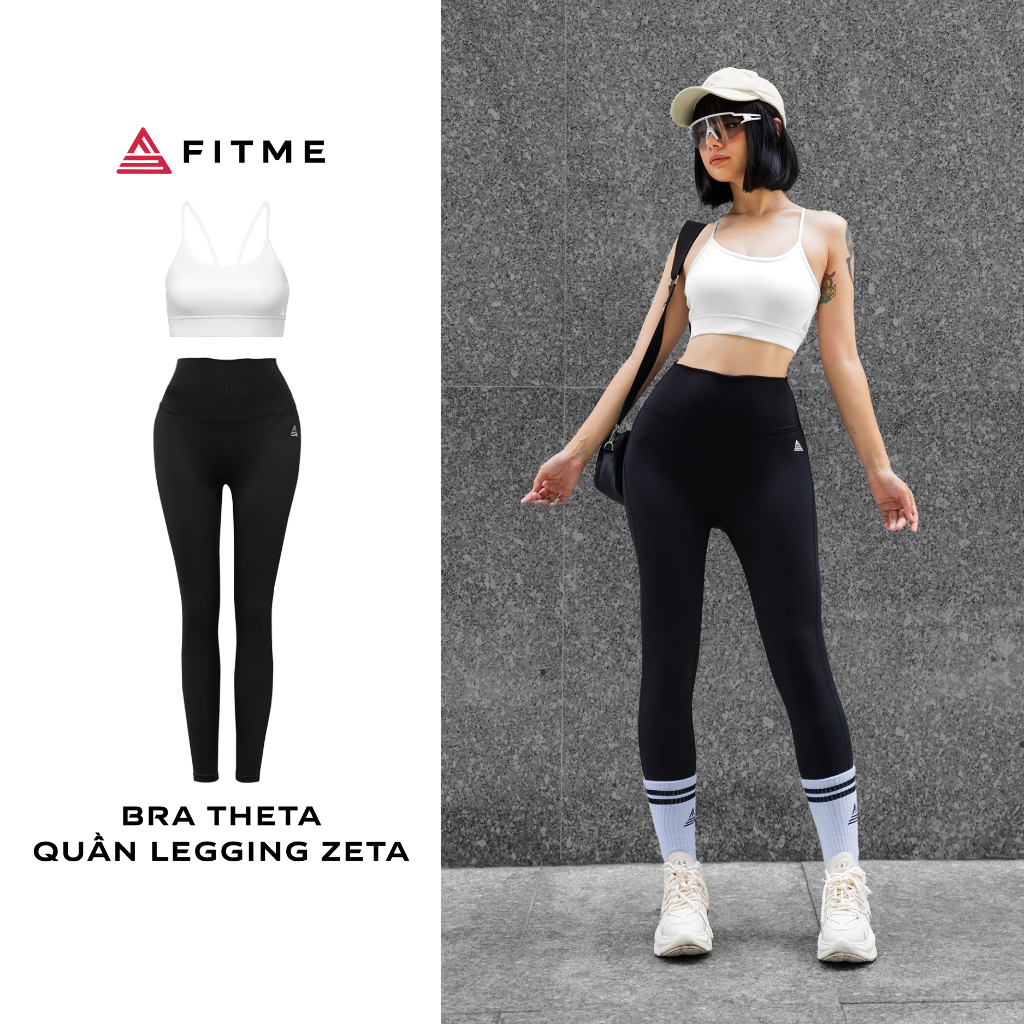 Bộ đồ tập gym yoga Fitme áo bra Theta Trắng, quần legging dài đen