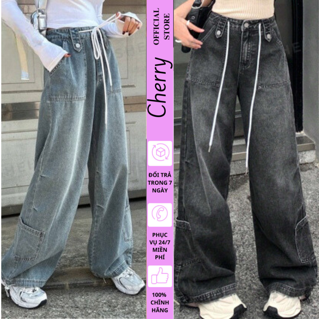 Quần jean ống rộng CHERRY kiểu suông cạp cao cá tính chất vải dày T135