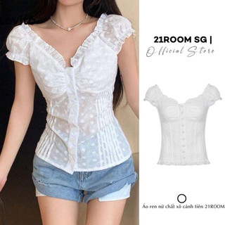  A184  LOẠI 1  Áo Croptop Nữ Trễ Vai Cài Cúc Cánh Tiên 21ROOM Chất Thêu Ren Hoa Áo Kiểu Họa Tiết Ren Thời Trang Nữ 