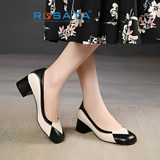 Giày búp bê nữ cao gót 4 phân đế vuông màu đen ROSATA RO414 da nhám êm chân