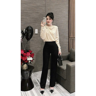 Quần tây suông culottes ống rộng đứng đen khoá kéo hông