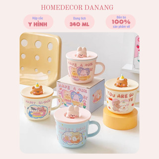 [Kèm hộp+túi+thiệp] Cốc sứ tráng men hoạt hình gấu vui vẻ, cốc gốm dễ thương, quà tặng