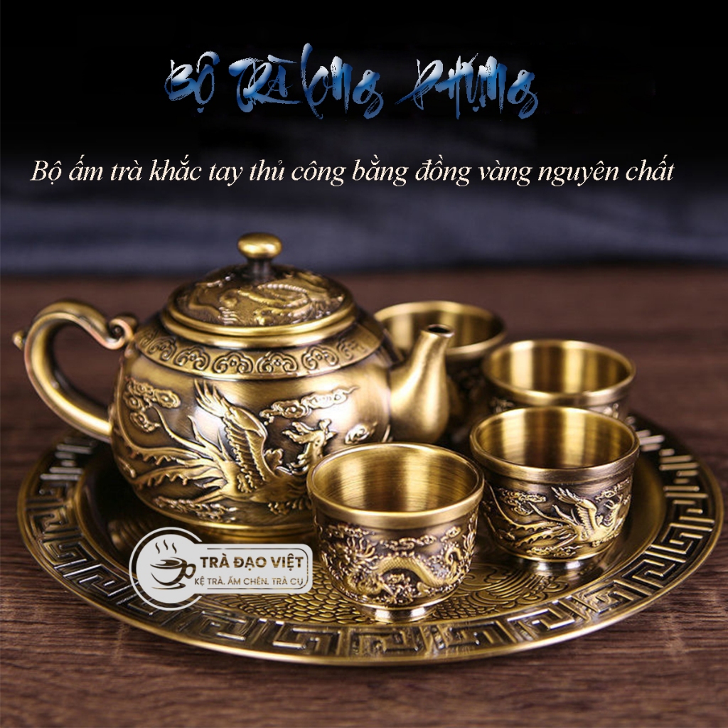 Bộ ấm chén uống trà kèm khay Long Phụng bằng đồng sang trọng - Bộ quà tặng trà đạo
