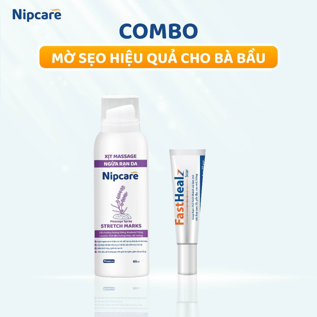 Combo mờ rạn da cho mẹ bầu - Xịt massage ngừa rạn da Nipcare Novocare, Gel mờ sẹo Fasthealz Scar 10g