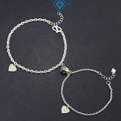 Vòng tay bạc cặp đôi gắn nam châm, lắc tay đôi charm trái tim khắc tên theo yêu cầu LTD0047 - Trang Sức TNJ