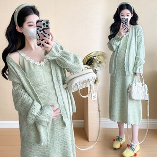  Young Mom | Bộ váy bầu sang trọng SET324 Quảng Châu cao cấp gồm váy và áo khoác Len Xanh lá và Kem 