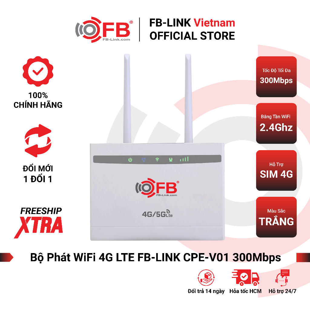 Bộ Phát WiFi Router 4G LTE FB-LINK CPE-V01 Chuẩn 300Mbps 32 User (Dùng SIM hoặc LAN)
