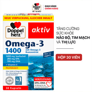 Viên dầu cá Doppelherz Omega 3 + Folic acid + B6 + B12 hỗ trợ tăng cường thị lực, tim mạch và não bộ(Hộp 30-60-90viên)
