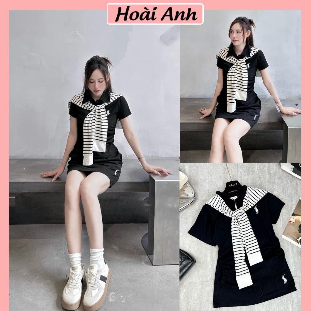 Set Bộ Đồ Nữ Áo Polo Đen Nhún Eo Thêu Ngựa Trắng Kèm Khăn Thủy THủ Kẻ Mix Chân Váy Chữ A Freesize