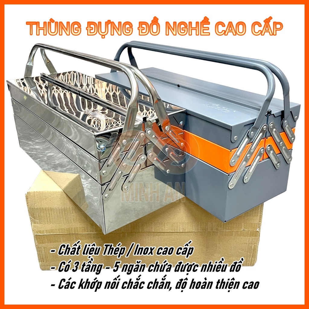 Thùng Đồ Nghề Inox [Chính Hãng] Kirito - Thùng Đựng Dụng Cụ 3 Tầng 5 Ngăn Bằng Thép - Inox Cao Cấp