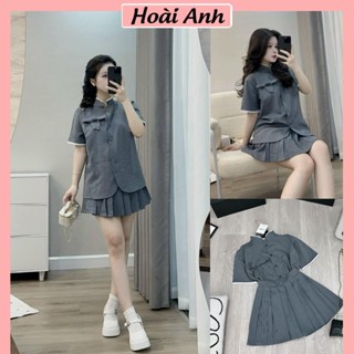 Set Bộ Đồ Nữ Kẻ Đen Áo Cổ Tàu Phối Viền Trắng Đính Nơ Ngực Nổi Mix Chân Váy Xếp Ly Có Quần Trong Freesize