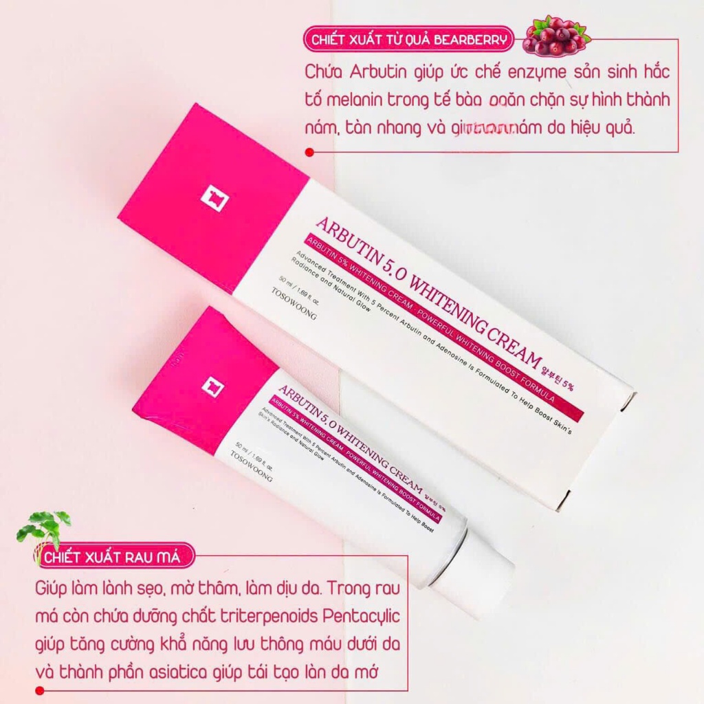 2-5 tuýp Kem nám Tosowoong ARBUTIN 5.0 whitening cream 50ml/tuýp duỡng trắng mờ thâm sạm nám _kem ar