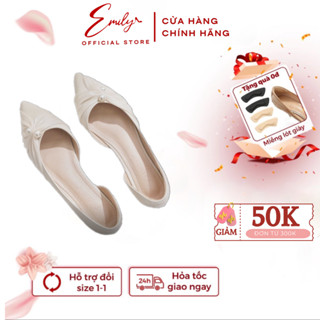 Giày bệt EMILY Giày Búp Bê Đế Bằng Mũi Nhọn Da Lì Phối Lụa Phong Cách Tiểu Thư Thanh Lịch Da Mềm Đế Êm - EB47M