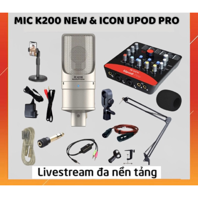 Bộ Combo Mic Thu Âm Hát Livestream Sound Card  Icon Upod Pro Mic PC-K200 New Chuyên Livestream, Thu 