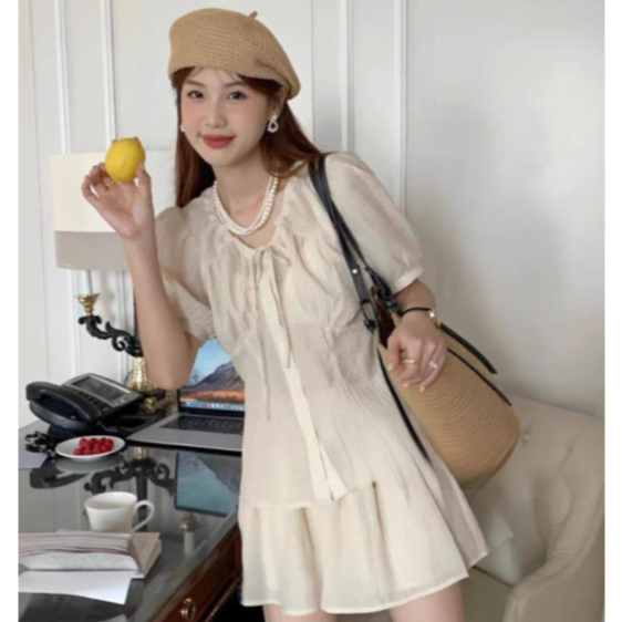 Set bộ đồ nữ áo sơ mi bèo tiểu thư rúm ngực thắt nơ phối chân váy xòe tiểu thư xinh xắn B815 SUTANO | BigBuy360 - bigbuy360.vn