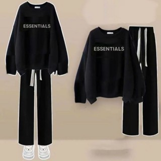 [ XẢ HÀNG ]Sét Bộ Thu Đông Quần Ống Rộng Dây Rút Bản To + Mix Áo Sweater Cổ Tròn Dài Tay  Chữ ESSENTIALS