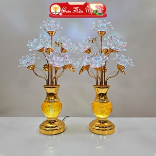 [Giá Một Cặp] Bình Hoa Sen Pha Lê 7 Bông Cao Cấp CHÂN THIỆN MỸ, Đèn Trang Trí Bàn Thờ Led 7 Màu