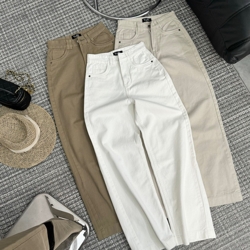 YURI JEANS - Quần Jean Nữ Ống Suông Màu trắng be nâu May viền Túi Cuốn Mã43