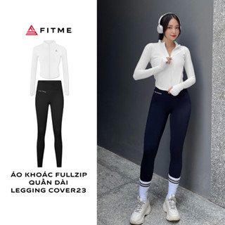 Bộ đồ tập gym yoga Fitme Cover23 áo khoác fullzip Trắng quần legging phối xéo đen