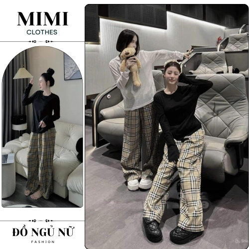 Đồ bộ nữ set bộ nữ áo thun trơn dài tay mix quần kẻ suông siêu sang MIMI CLOTHES hcom2995