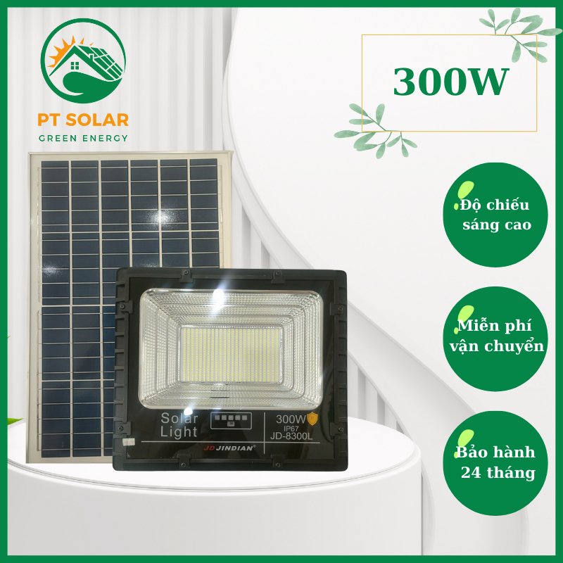 Đèn pha năng lượng mặt trời chính hãng JINDIAN 300W (JD-8300L) Vỏ nhôm đúc, IP67. BH 02 năm.